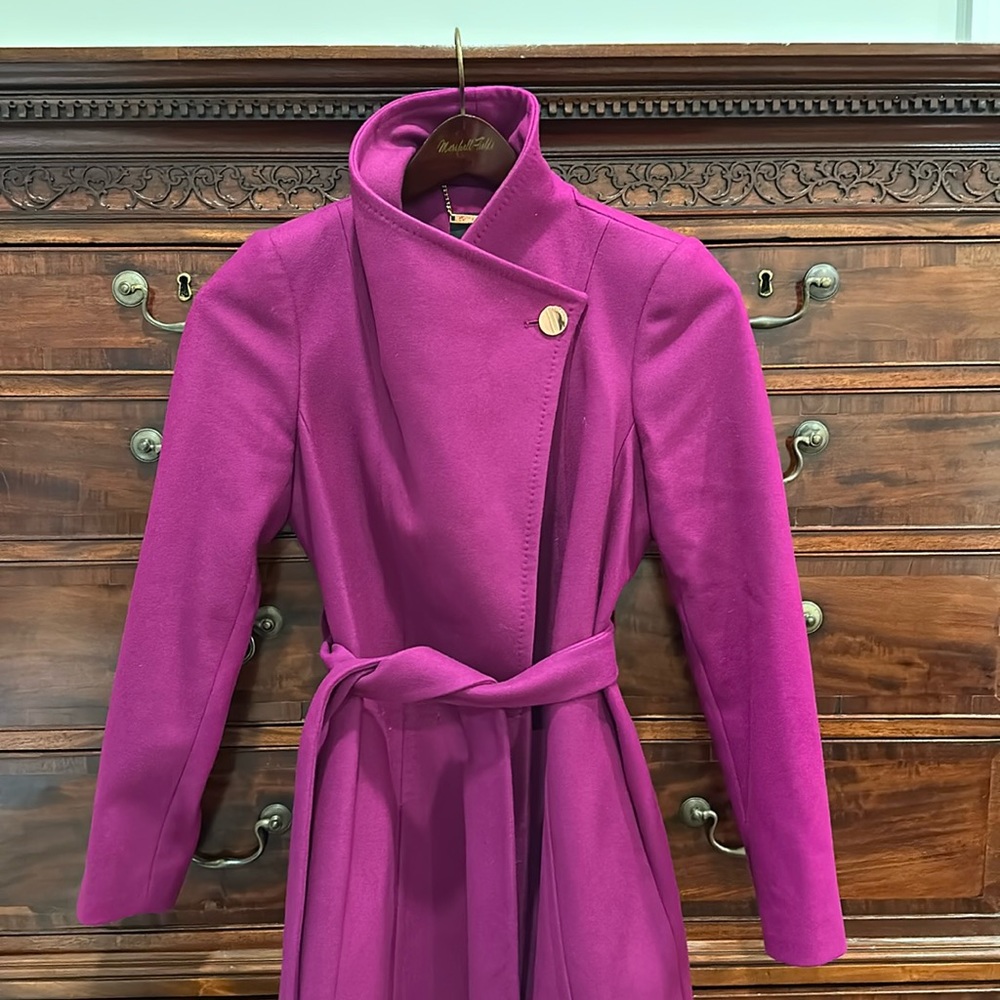 Ted Baker long wrap coat in orchid purple with rose gold accents